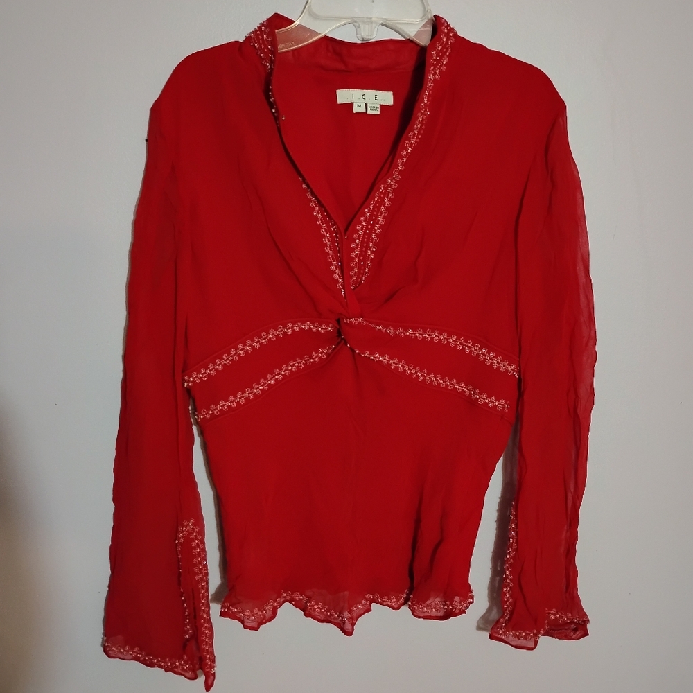 Ice Red Knot-Front Long Sleeve Blouse